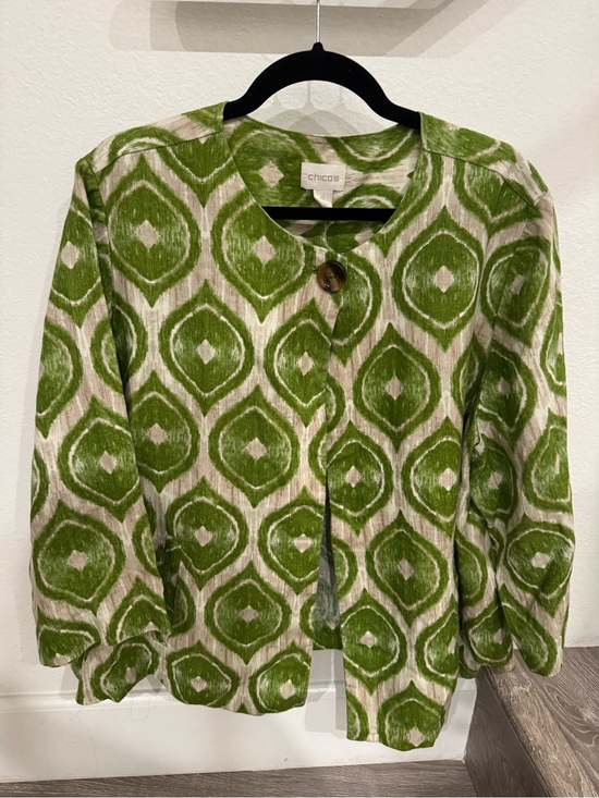 Chico's Tops - Chico's Green and Cream Ikat-Print Button Front Jacket Linen Beachy Old Money